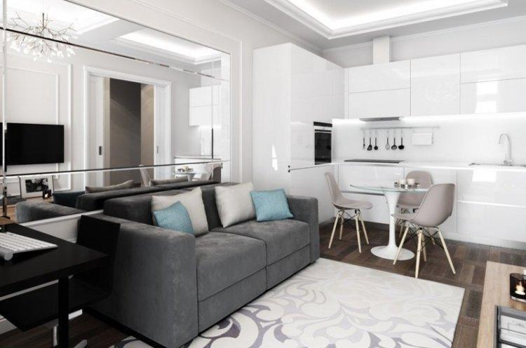 Cuisine-salon blanche - photo de design d'intérieur