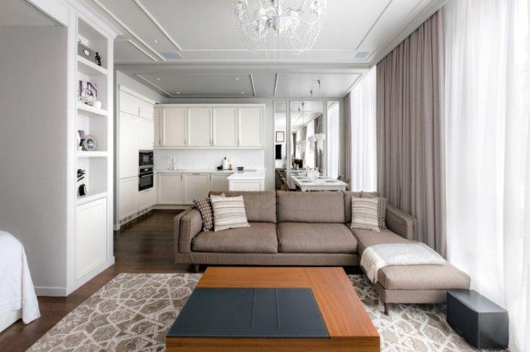 Cuisine-salon blanche - photo de design d'intérieur