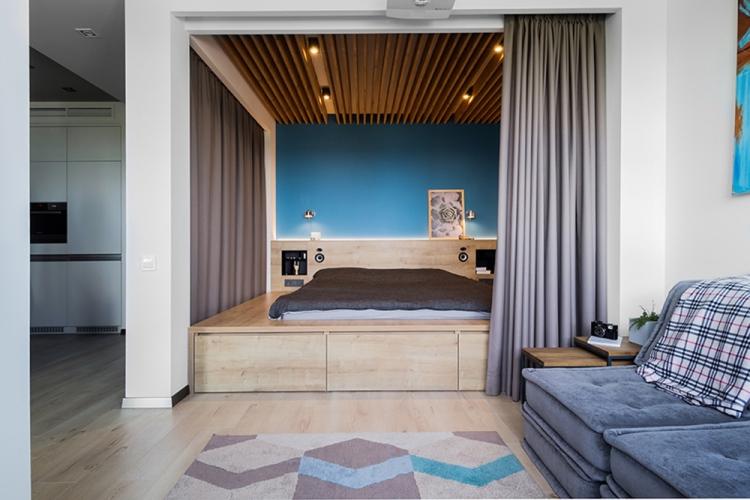 Salon combiné avec chambre à coucher - photo de design d'intérieur