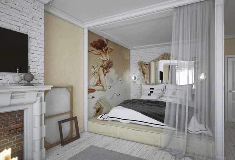 Salon combiné avec chambre à coucher - photo de design d'intérieur