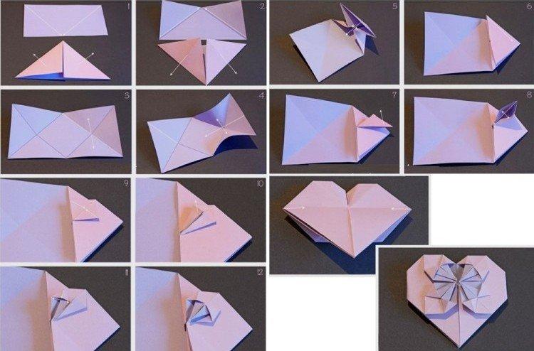 Coeur en origami avec une fleur - Comment faire un coeur en papier