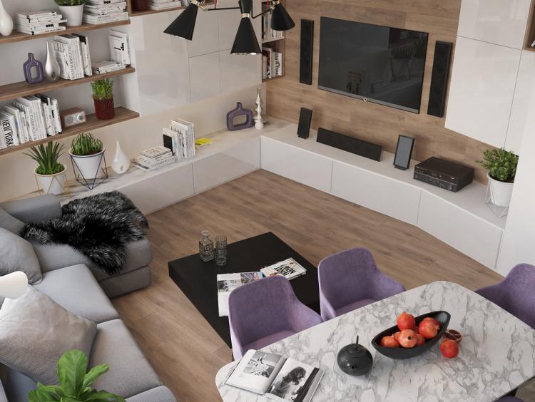 Cuisine-salon Achromatique & Couleur - design d'intérieur