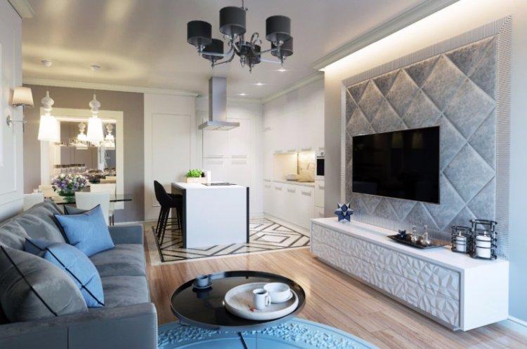 Éclairage et éclairage - Conception de cuisine-salon dans un style moderne