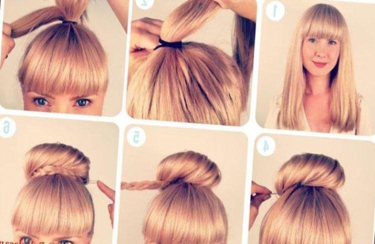Chignon haut avec une tresse - Coiffures pour tous les jours pour cheveux mi-longs avec frange
