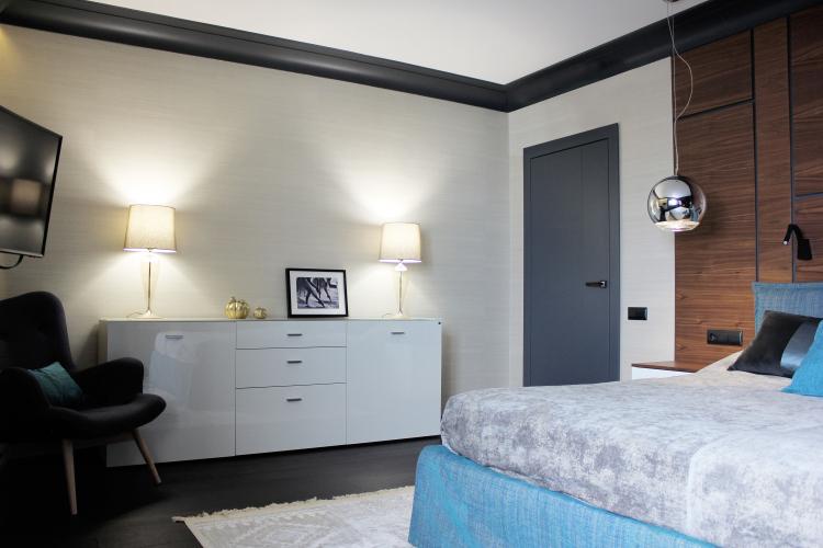 Projet de chambre Noir, bois et turquoise - décoration d'intérieur