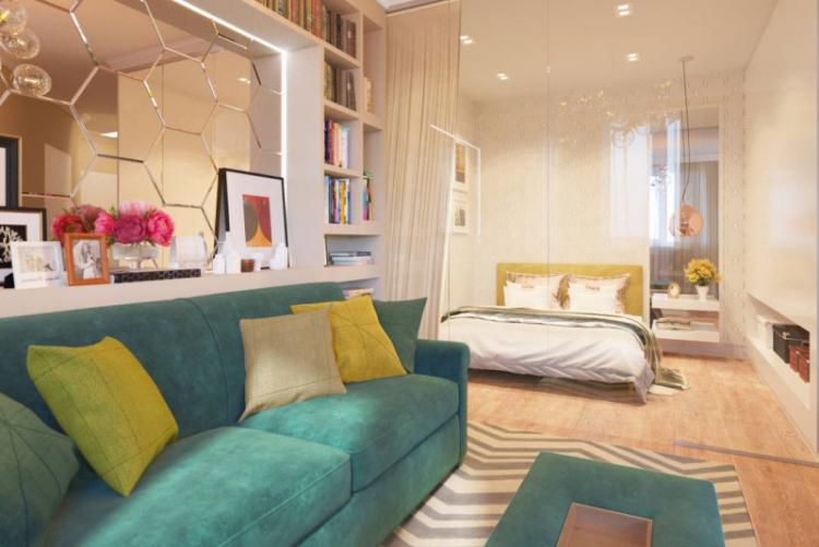 Zonage d'une pièce en une chambre et un salon - conception de photos