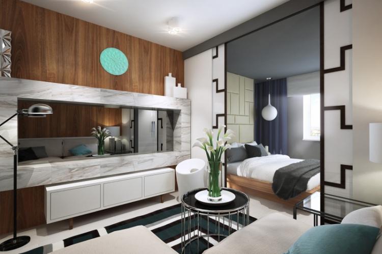 Zonage d'une pièce en une chambre et un salon - conception de photos