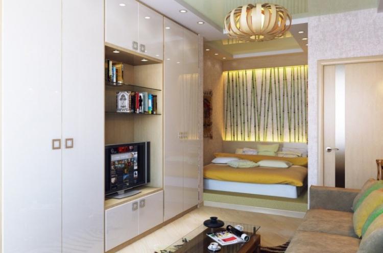 Zonage d'une pièce en une chambre et un salon - conception de photos